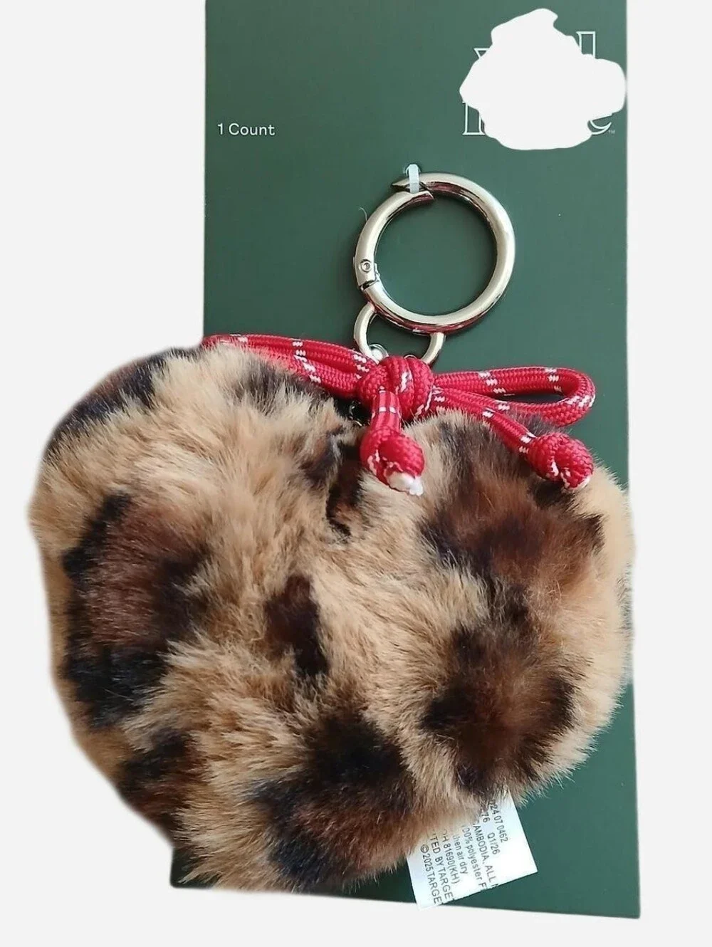 NWT wild fable Faux Fur Cheetah Print Heart Keychain with Red Bow